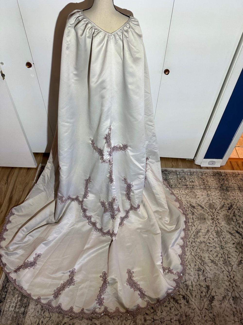Ivory Satin Bridal Train with Blush Lace Trim